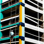 Exterior Building Maintenance**

"A tall building in Karachi, Pakistan, with workers on scaffolding performing maintenance on the exterior walls.  They are repairing cracks and painting the building in a fresh, vibrant color.  The building is surrounded by palm trees and busy streets.  Everyone is wearing safety harnesses and hard hats.  Safe for work. Appropriate content. Fully clothed. Professional.  Perfect anatomy. Natural proportions. High quality render, realistic lighting, day."

**