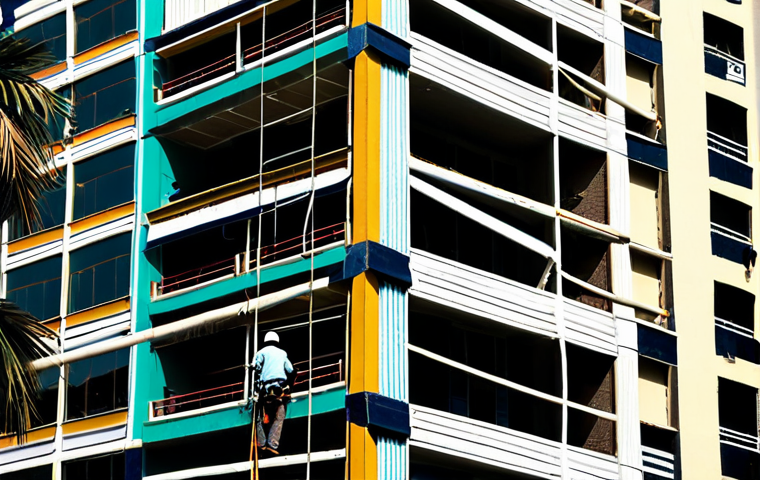 Exterior Building Maintenance**
"A tall building in Karachi, Pakistan, with workers on scaffolding performing maintenance on the exterior walls. They are repairing cracks and painting the building in a fresh, vibrant color. The building is surrounded by palm trees and busy streets. Everyone is wearing safety harnesses and hard hats. Safe for work. Appropriate content. Fully clothed. Professional. Perfect anatomy. Natural proportions. High quality render, realistic lighting, day."
**