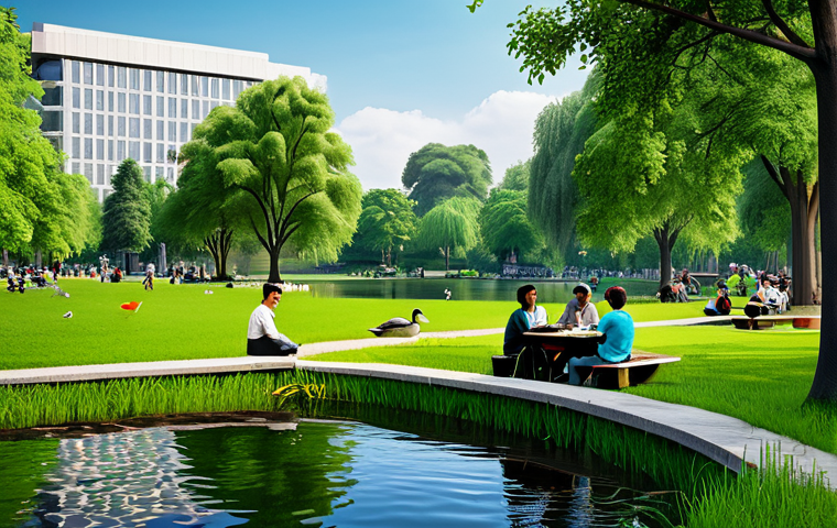 Urban Oasis**
"A serene park scene in a bustling city, featuring lush green trees, a clear pond with ducks, and people enjoying leisure activities like reading and picnicking. Fully clothed individuals are depicted in modest attire. Safe for work, appropriate content, professional, perfect anatomy, natural proportions, family-friendly."
**