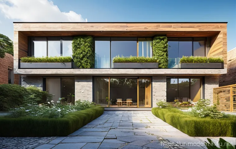 현대건축물 친환경 설계 - **Prompt:** A modern Pakistani residential building exterior, showcasing harmonious integration with...