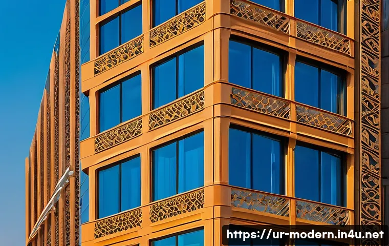 현대건축물 미술관 건축 트렌드 - **Modern Cityscape with Cultural Echoes:**
    An awe-inspiring, high-angle exterior shot of a conte...