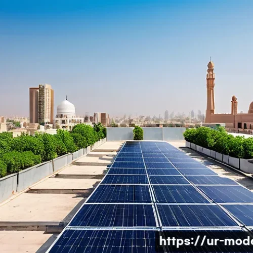 현대건축물 기후 변화 대응 건축 - A modern office rooftop in an urban Pakistani cityscape featuring sleek solar panels glistening unde...