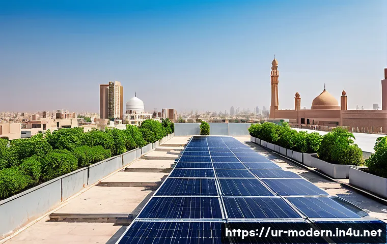 현대건축물 기후 변화 대응 건축 - A modern office rooftop in an urban Pakistani cityscape featuring sleek solar panels glistening unde...
