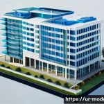 현대건축물 BIM Building Information Modeling  활용 - A highly detailed digital architectural model of a modern multi-story building, showcasing intricate...