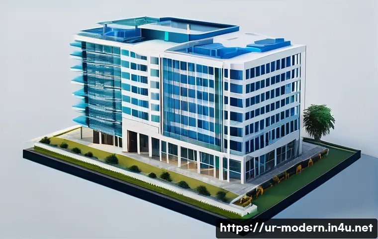 현대건축물 BIM Building Information Modeling  활용 - A highly detailed digital architectural model of a modern multi-story building, showcasing intricate...