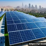현대건축물 태양열 활용 사례 - A modern office building rooftop in a bustling Pakistani city, featuring sleek bifacial solar panels...