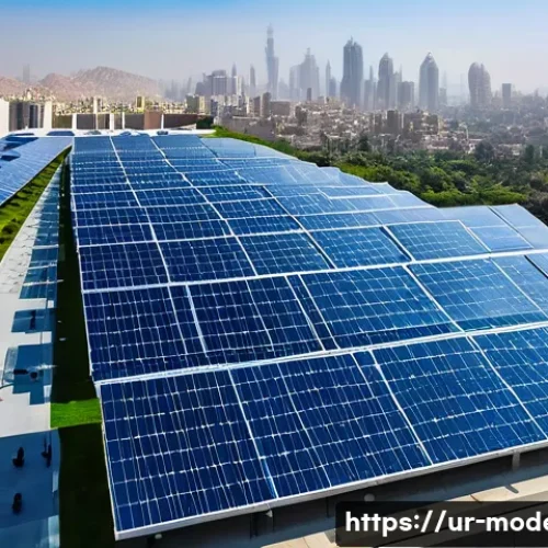 현대건축물 태양열 활용 사례 - A modern office building rooftop in a bustling Pakistani city, featuring sleek bifacial solar panels...