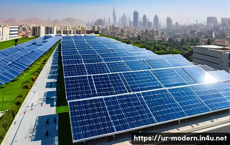 현대건축물 태양열 활용 사례 - A modern office building rooftop in a bustling Pakistani city, featuring sleek bifacial solar panels...