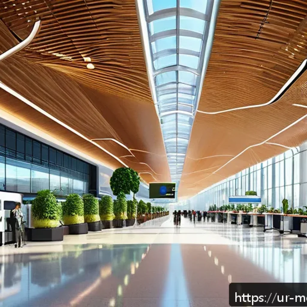 현대건축물 공항 건축 설계 - A futuristic airport terminal interior designed with sustainable architecture, featuring large trans...