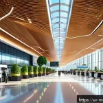 Home 22 현대건축물 공항 건축 설계 - A futuristic airport terminal interior designed with sustainable architecture, featuring large trans...