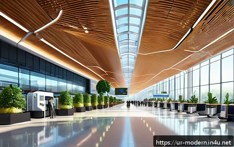 현대건축물 공항 건축 설계 - A futuristic airport terminal interior designed with sustainable architecture, featuring large trans...