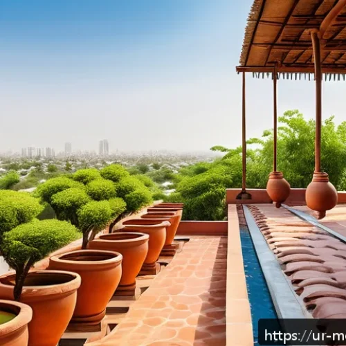 Home 32 현대건축물 물순환 시스템 적용 - A detailed rooftop rainwater harvesting system installed on a traditional Pakistani home with terrac...
