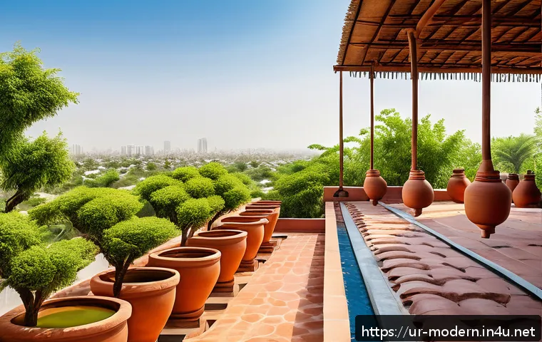 현대건축물 물순환 시스템 적용 - A detailed rooftop rainwater harvesting system installed on a traditional Pakistani home with terrac...