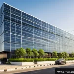 Home 18 현대건축물 유리 파사드 기술 - A modern commercial building façade featuring large tempered glass panels with a sleek, transparent ...