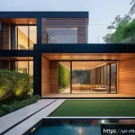 Home 23 현대건축물 인테리어 건축 조화 - A modern residential building exterior in an urban Pakistani setting, showcasing large glass windows...