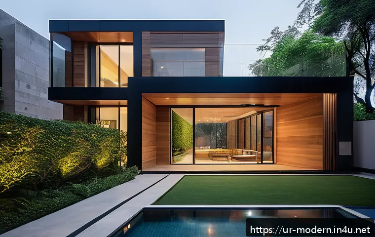 현대건축물 인테리어 건축 조화 - A modern residential building exterior in an urban Pakistani setting, showcasing large glass windows...