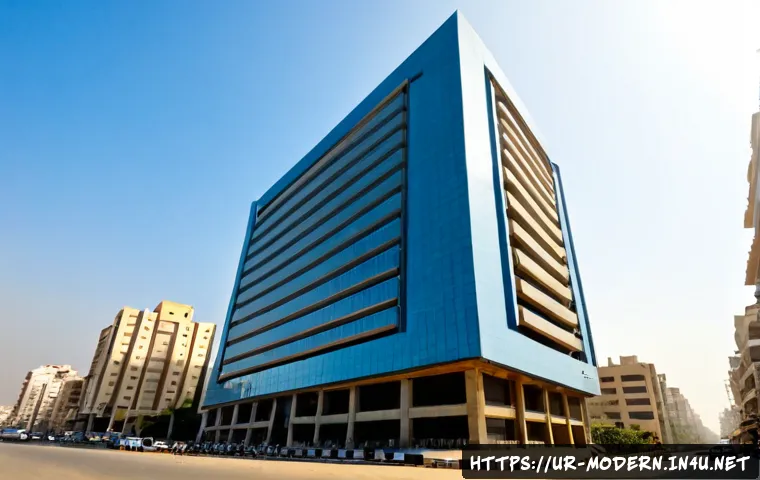 현대건축물 내진 설계 사례 - Photorealistic wide-angle view of a modern earthquake-resistant high-rise in Karachi’s contemporary ...